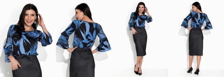 Blusa Folhas Azul com Manga Sino