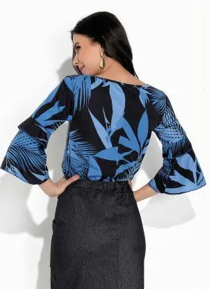 Rosalie - Blusa Folhas Azul com Manga Sino - ROSALIE