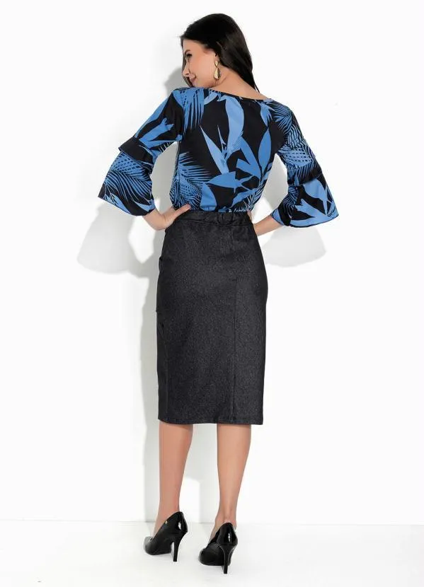 Rosalie - Blusa Folhas Azul com Manga Sino 4