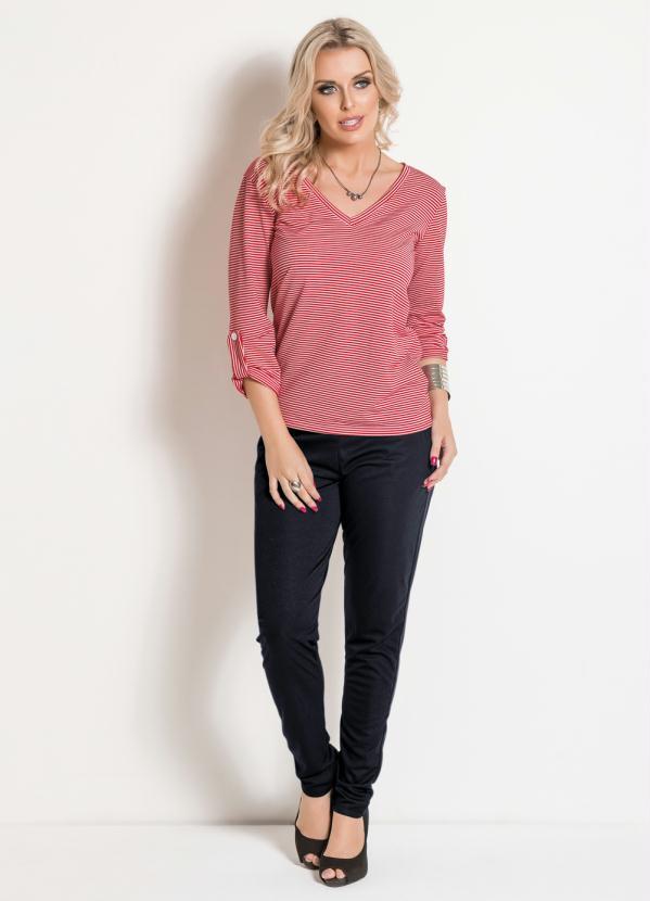 Moda Pop - Blusa Listrada com Manga 3/4 Vermelha e Branca 3