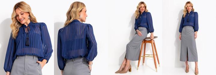 Blusa Listrado Azul em Voil Devor�