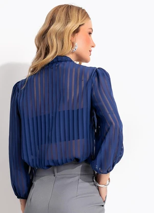 Quintess - Blusa Listrado Azul em Voil Devorê de Poliéster - QUINTESS