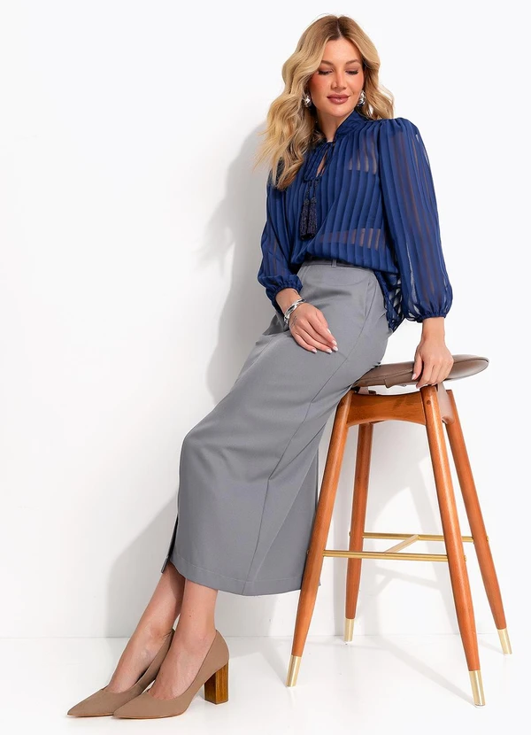 Quintess - Blusa Listrado Azul em Voil Devorê 3