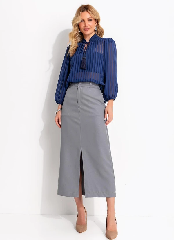 Quintess - Blusa Listrado Azul em Voil Devorê 4