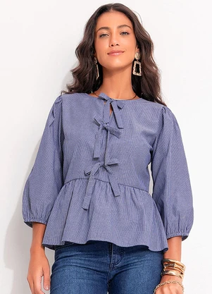 Quintess - Blusa Listrado Azul Médio em Tricoline - QUINTESS