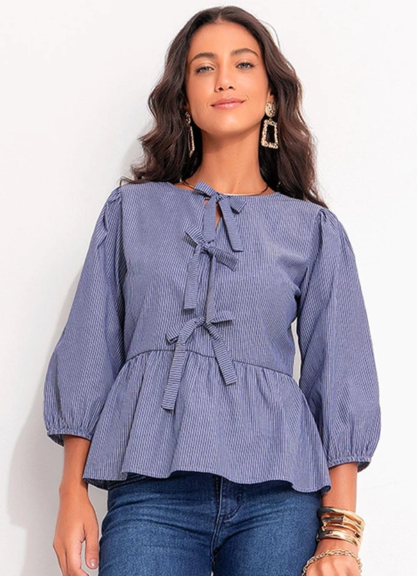 Quintess - Blusa Listrado Azul Médio em Tricoline
