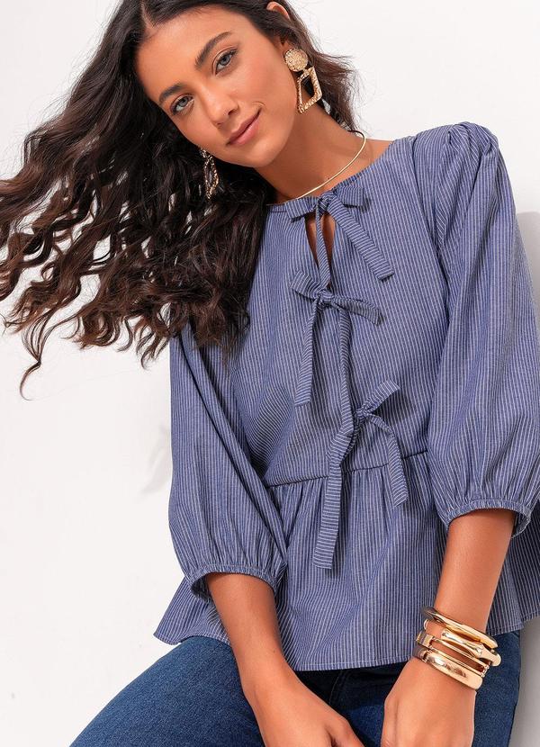 Quintess - Blusa Listrado Azul Médio em Tricoline 5