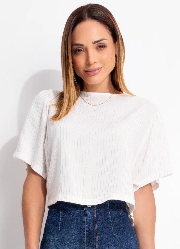 Quintess - Blusa Listrado Off White em Viscose Plana