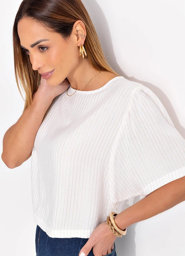 Quintess - Blusa Listrado Off White em Viscose Plana 8