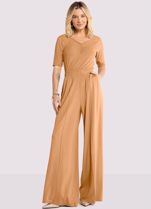 Lunender - Blusa Manga 3/4 Canelada com Franzido Bege 3