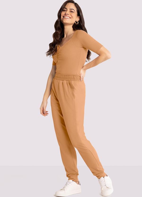 Lunender - Blusa Manga 3/4 Canelada com Franzido Bege 5