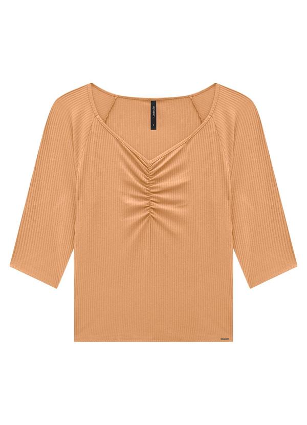 Lunender - Blusa Manga 3/4 Canelada com Franzido Bege 6