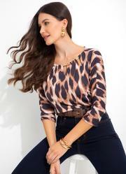 Blusa Manga 7/8 com Decote Vazado Ona Marrom