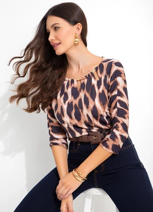 bonprix - Blusa Manga 7/8 com Decote Vazado Onça Marrom - BONPRIX
