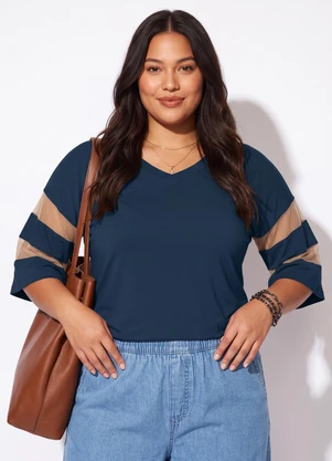 Quintess - Blusa Marinho Detalhes em Tule nas Mangas - QUINTESS