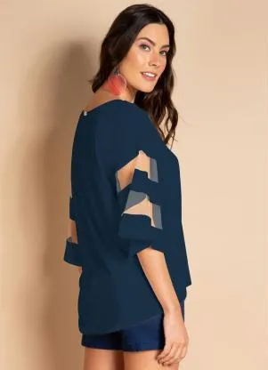 Quintess - Blusa Marinho Detalhes em Tule nas Mangas - QUINTESS