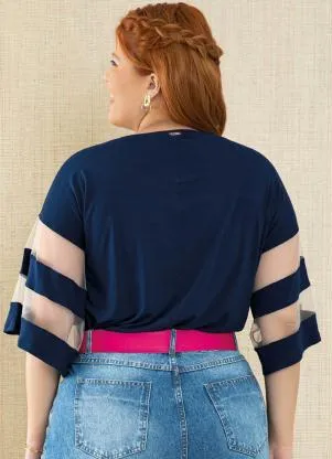 Quintess - Blusa Marinho Detalhes em Tule nas Mangas - QUINTESS