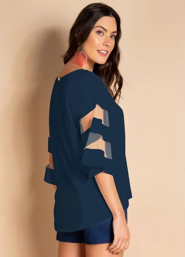Quintess - Blusa Marinho Detalhes em Tule nas Mangas 2