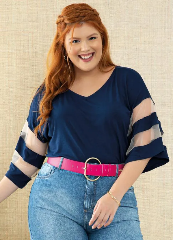 Quintess - Blusa Marinho Detalhes em Tule nas Mangas 6