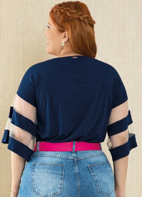 Quintess - Blusa Marinho Detalhes em Tule nas Mangas 7