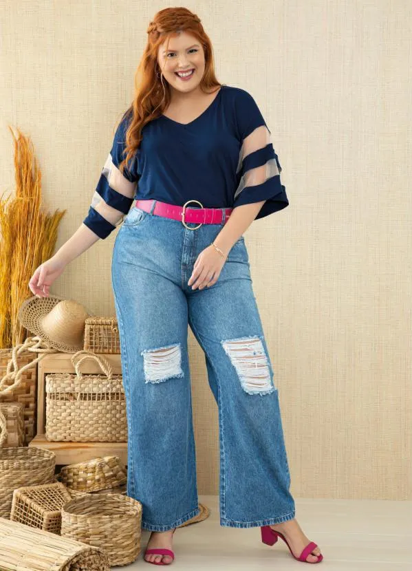 Quintess - Blusa Marinho Detalhes em Tule nas Mangas 8