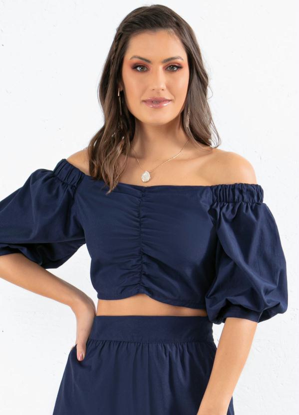 Quintess - Blusa Marinho Mangas Bufantes e Drapeado Frente