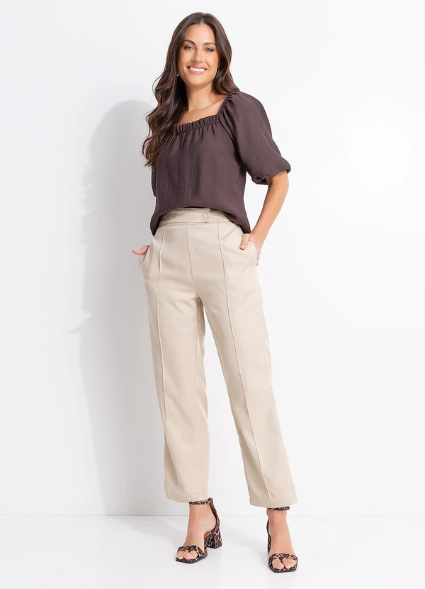 Quintess - Blusa  Marrom em Viscose Plana Sarjada