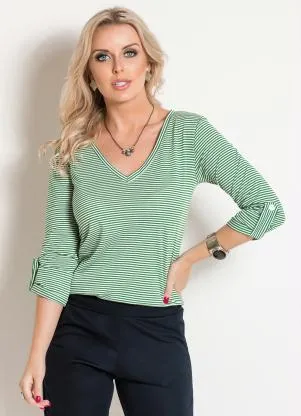 Moda Pop - Blusa na Manga 3/4 Listrada Verde e Branco - MODA POP