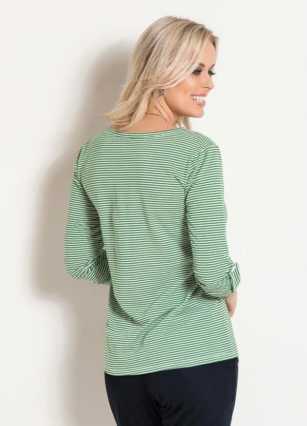 Moda Pop - Blusa na Manga 3/4 Listrada Verde e Branco 2