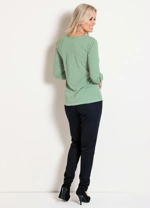 Moda Pop - Blusa na Manga 3/4 Listrada Verde e Branco 4