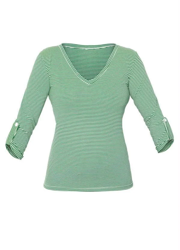 Moda Pop - Blusa na Manga 3/4 Listrada Verde e Branco 5