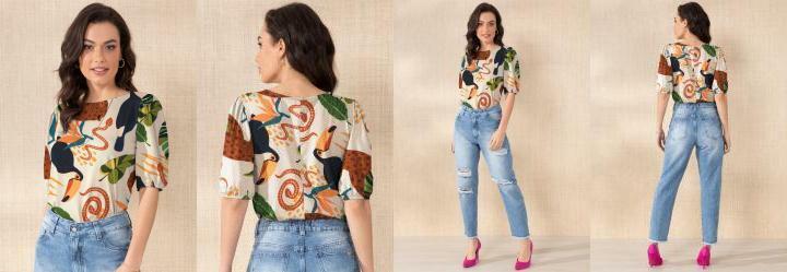 Blusa Natureza Bege com Mangas Bufantes