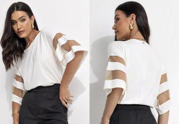 Blusa Off White com Detalhes em Tule nas Mangas