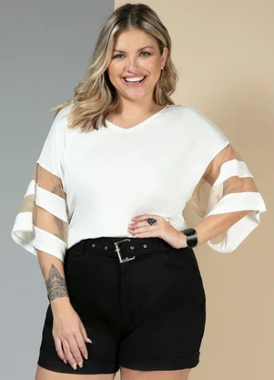 Quintess - Blusa Off White com Detalhes em Tule nas Mangas - QUINTESS