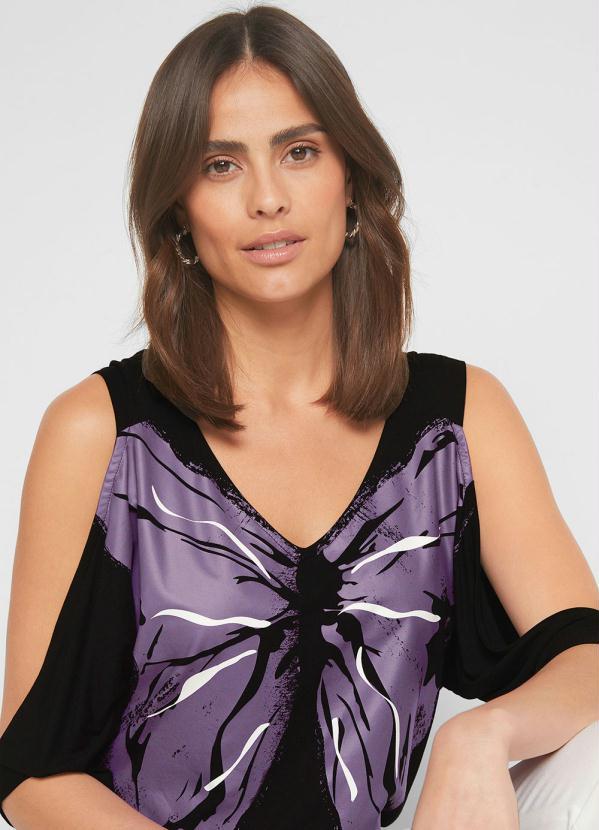 bonprix - Blusa Ombro Vazado Estampa Borboleta Preta 2