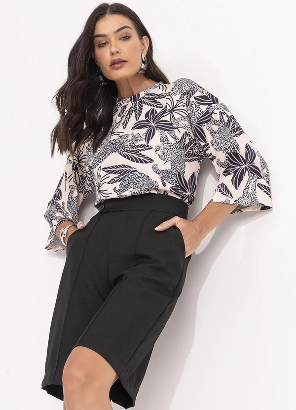 Quintess - Blusa Manga 3/4 em Malha Fria Estampada com Decote Redondo
