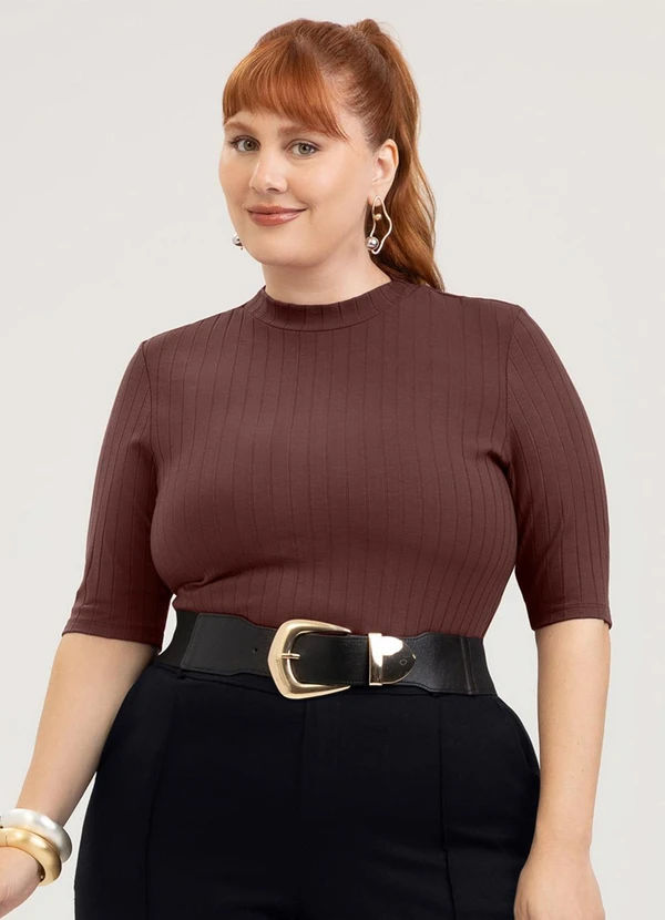 Cativa - Blusa Plus Size em Canelado Marrom Escuro