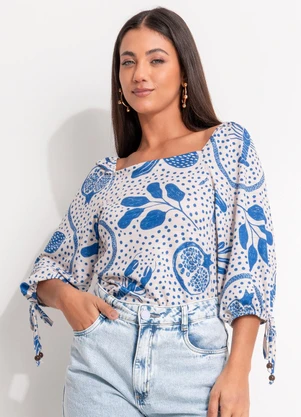 Quintess - Blusa Pontilhado Azul em Malha Texturizada - QUINTESS