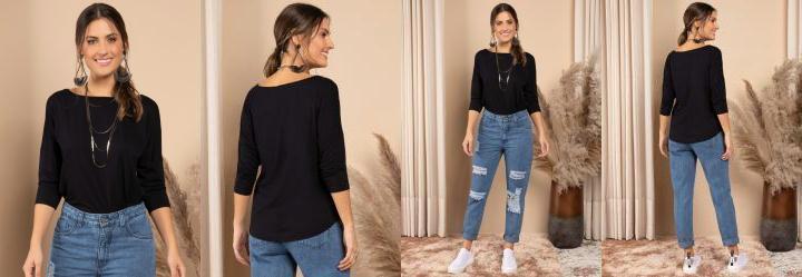 Blusa Preta com Mangas 3/4