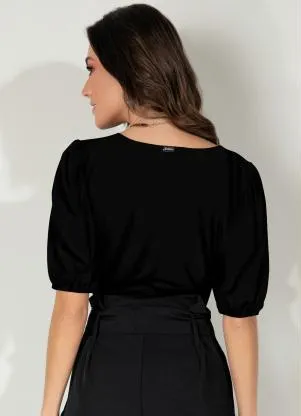 Quintess - Blusa Preta Decote Canoa com Mangas Bufantes - QUINTESS