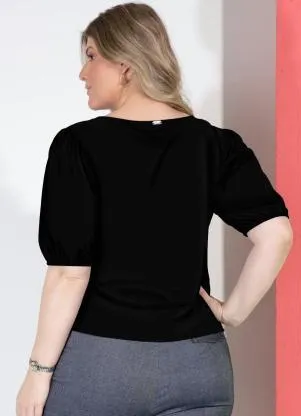Quintess - Blusa Preta Decote Canoa com Mangas Bufantes - QUINTESS