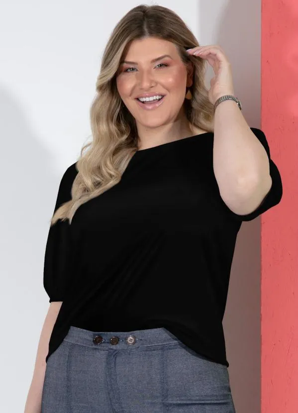 Quintess - Blusa Preta Decote Canoa com Mangas Bufantes 5