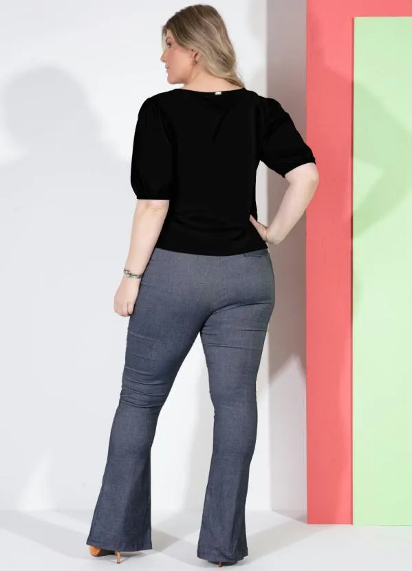 Quintess - Blusa Preta Decote Canoa com Mangas Bufantes 8