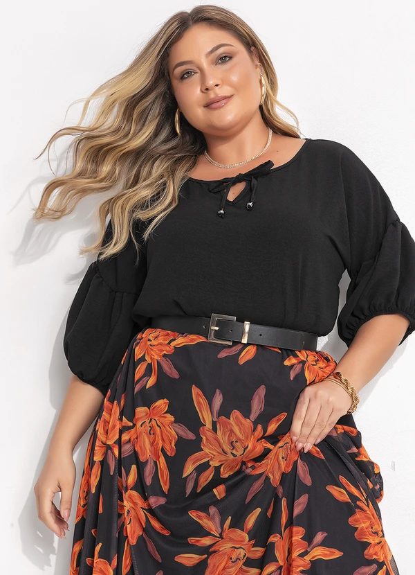 Quintess - Blusa Preta Manga 3/4 Balonê em Tecido Air Flow com Amarração 2