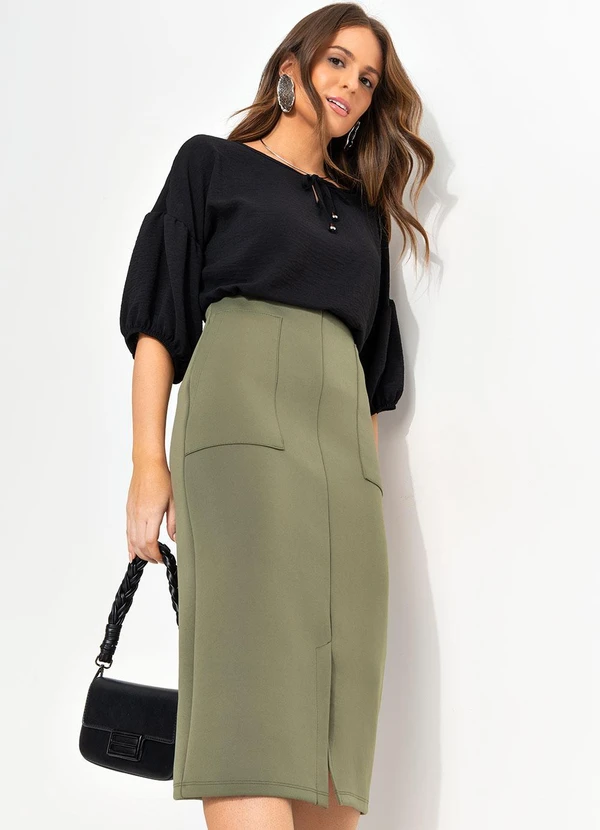 Quintess - Blusa Preta Manga 3/4 Balonê em Tecido Air Flow com Amarração 11