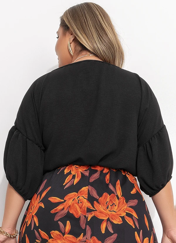Quintess - Blusa Preta Manga 3/4 Balonê em Tecido Air Flow com Amarração 8