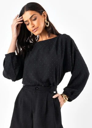 Quintess - Blusa Preto em Crepe Plano Maquinetado - QUINTESS