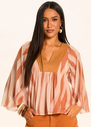 Doce Trama - Blusa Raglan em Tule Estampa Exclusiva Marrom - DOCE TRAMA