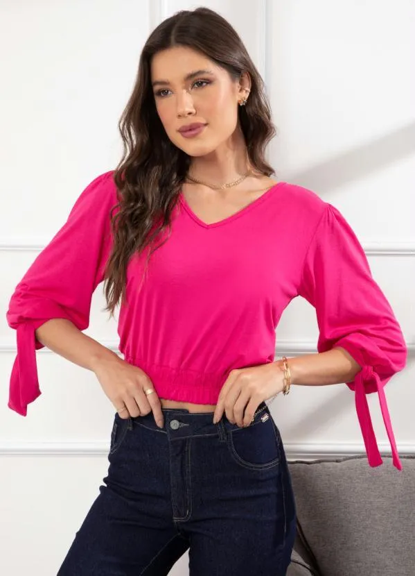 Quintess - Blusa Rosa com Amarração nos Punhos