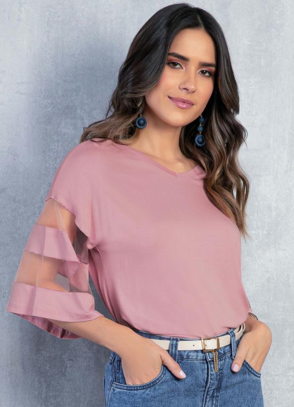 Blusa (Rosa) com Detalhes em Tule nas Mangas